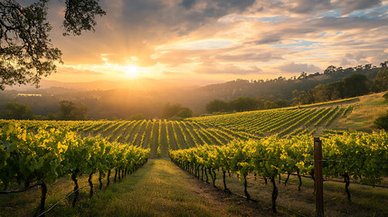 Naklejka premium A scenic vineyard bathed in the warm, soft light of an evening sunset (1)