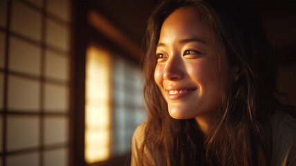 障子越しの朝日に柔らかく笑顔を見せる女性