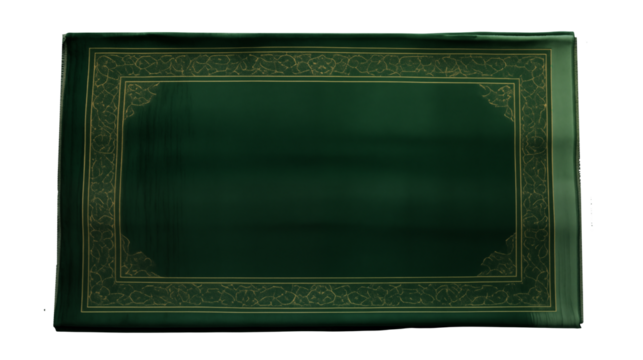 Emerald prayer mat featuring gold ornate borders isolated on transparent background
