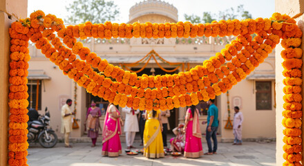 Marigold garland decorations on building entrance for Indian Independence Day celebrations, cultural events, and festive venue decorations