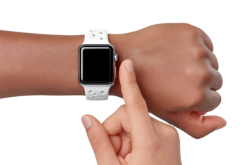 Person interacts with a smart watch on their wrist, set against a stark transparent background, highlighting wearable technology and usability.