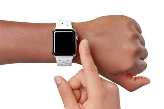 Person interacts with a smart watch on their wrist, set against a stark transparent background, highlighting wearable technology and usability.