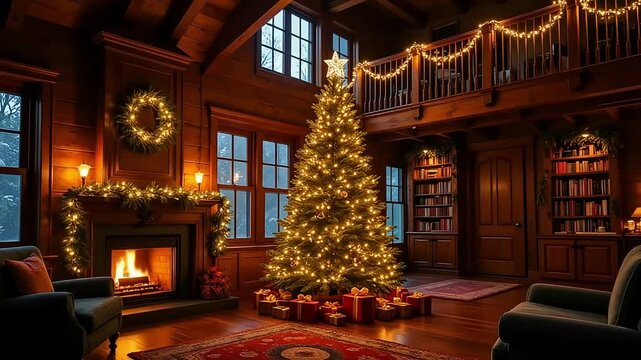 Cozy christmas cabin with tree and fireplace scene
