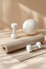Fitness essentials including yoga mat, dumbbells and ball on a neutral surface