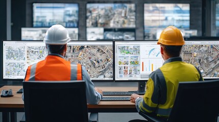Engineers analyzing construction site data on multiple monitors, clear charts