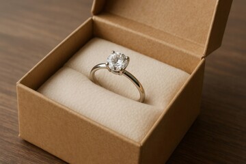 Diamond ring elegantly displayed in an open box, showcasing its brilliance and luxury on a wooden surface. Perfect for engagement or special occasions