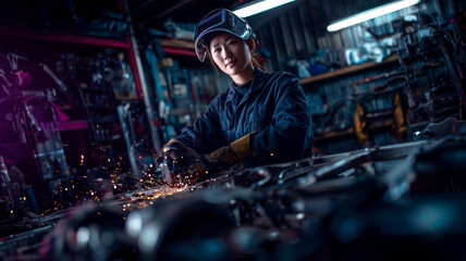 女性が工場でプラズマカットを行う