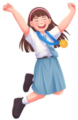 Girl Student Jumping for Victory with Medal Illustration