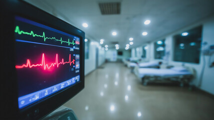 Hospital ICU: A detailed capture of a vital signs monitor display, charting a patient's vital signs in a tranquil hospital intensive care unit setting.