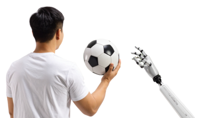 Man watching football with his robot handing isolated on transparent background. Png ,

