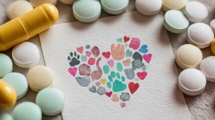 Top view of pet care items and donation note watercolor copy space gentle giving tones Double exposure silhouette with love, hope, and animal icons