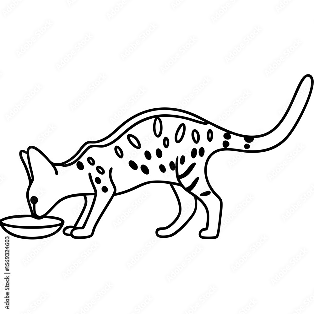 Poster savannah cat drinking water captured in simple line art, showing feline hydration in minimalist styl