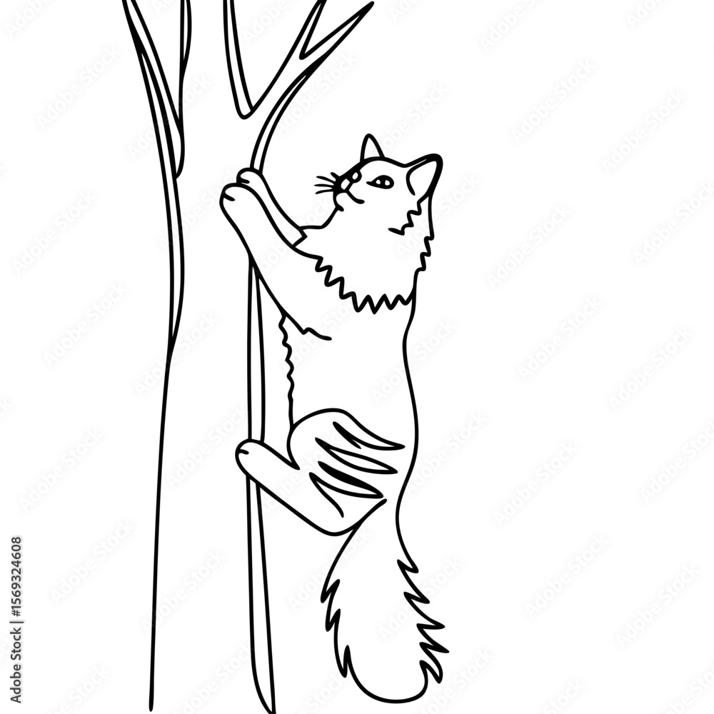 Poster maine coon climbing tree depicted in clean line art, focusing on its agile movement and distinctive 