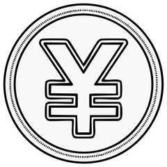 Obraz premium Minimalist Yen Coin Graphic, Japanese Currency, Outline Design with Dotted Border, Modern Financial Icon Isolated on Black