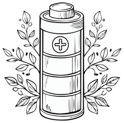 Line art of a battery surrounded by delicate leafy branches for concepts of sustainable energy and power.