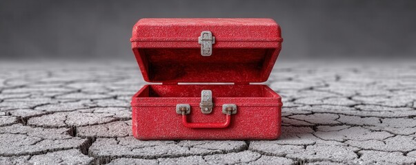 A vintage red suitcase stands open against a cracked, arid landscape. The image evokes a sense of nostalgia and adventure, inviting exploration of distant memories and journeys.