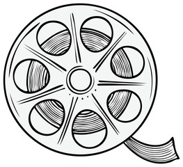 Elegant film reel illustration with film strip, vector monochrome icon for cinematography and media production, vintage style, detailed hatching