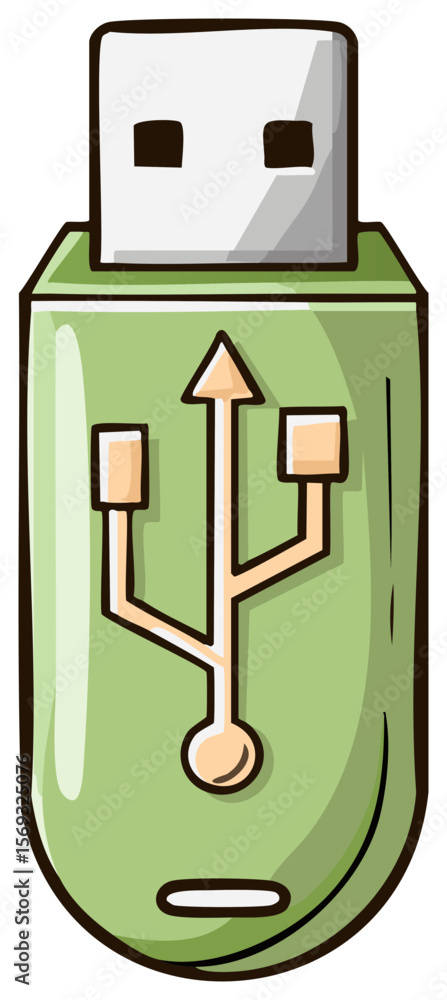 Poster stylized green usb drive illustration with a white connector for computer data storage, memory and b