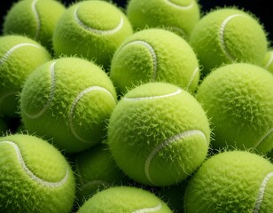 Closeup of bright yellowish green tennis balls on a green court, ready for play