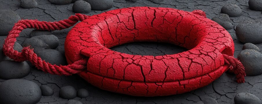 A weathered red life preserver rests on textured black stones, symbolizing safety and rescue. Its cracked surface indicates age, contrasting with the solid base beneath it.