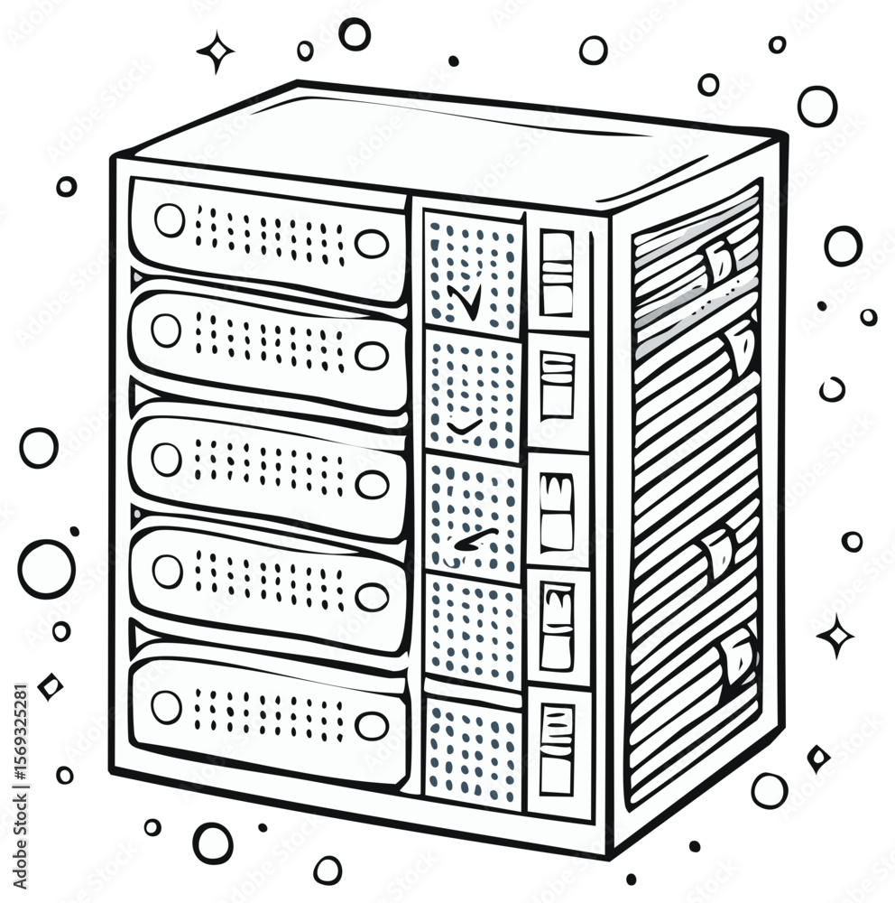 Poster stylized vector server rack illustration for data storage or network infrastructure with outline sty