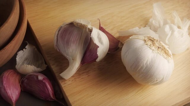 Garlic bulb in a wooden bowl close up backdrop stock footage