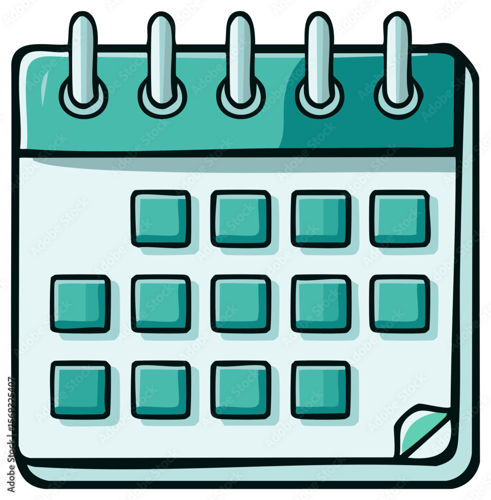 Poster illustration of a teal and white calendar with blank dates and a leaf, perfect for scheduling and pl