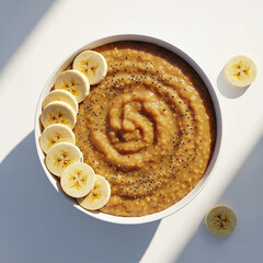 Delicious breakfast pancakes topped with sliced bananas and syrup, offering a sweet and comforting treat