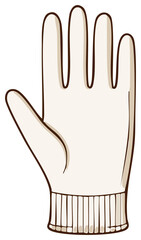 Cartoon winter glove with five fingers, illustration of an off-white glove with brown outlines and a knitted wrist section on a transparent background
