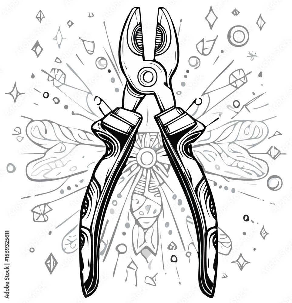 Poster abstract pliers illustration in black and white with celestial elements and unique designs, creating