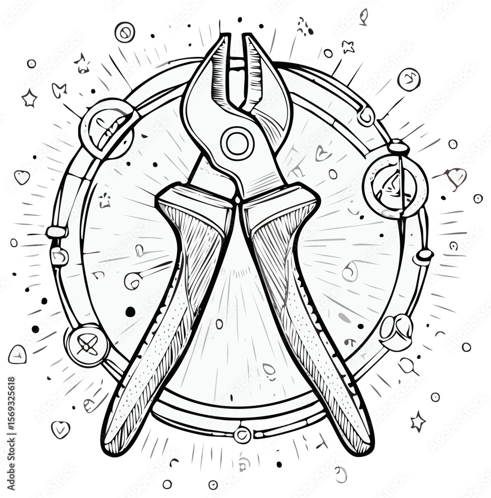 Poster stylized linework illustration of pliers with cosmic ornaments and a circular frame on a black backg
