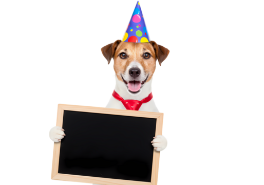 A Jack Russell Terrier Wearing a Party Hat Holds a Blank Chalkboard Sign Perfect for Celebration Announcements or Personalized Messages isolated on transparent background