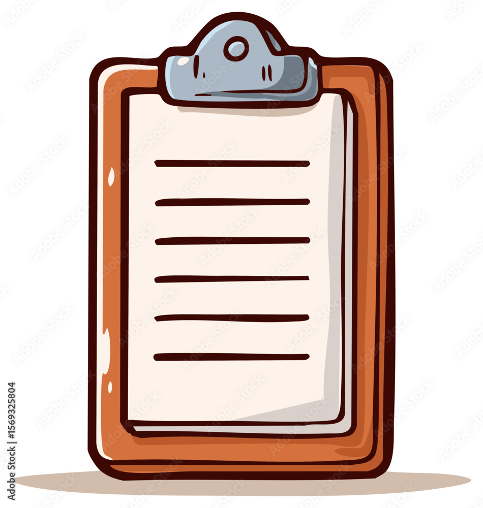 Poster cartoon illustration of a clipboard with blank paper sheets on a transparent background for notes an