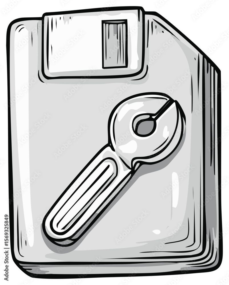 Poster hand-drawn illustration of a floppy disk with write protection tool isolated on transparent backgrou
