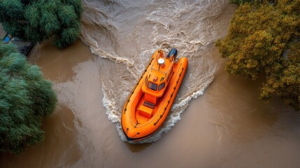An orange rescue boat navigates through muddy waters, demonstrating swift response and safety in emergency situations amidst the lush green surroundings.