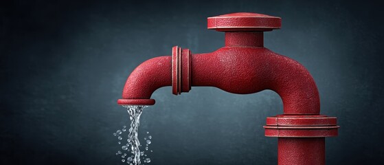 Close-up of a vintage red pipe faucet with water flowing, symbolizing plumbing and industrial work, highlighting the importance of water supply in modern infrastructure.