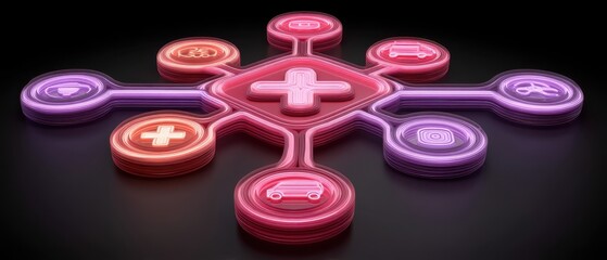 Conceptual illustration of interconnected health and safety icons, highlighting the synergy between healthcare and technology in modern society with vibrant colors and design.
