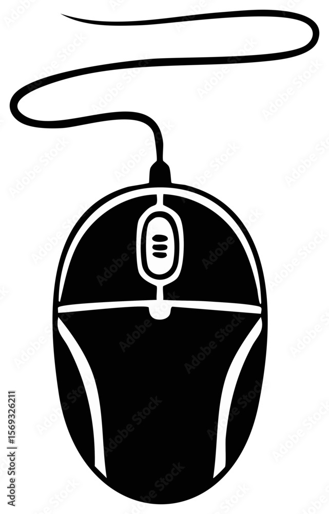Aufkleber stylized computer mouse with a cord in high contrast black and white, ideal for design assets and mi