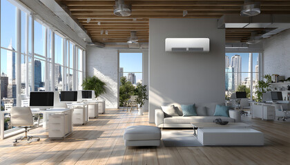 Modern office interior with air conditioning unit. Climate control system provides comfort, efficiency. Workplace design, remote control