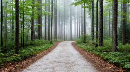 Fototapeta premium Winding path through misty forest, surrounded by tall trees and lush greenery, evokes sense