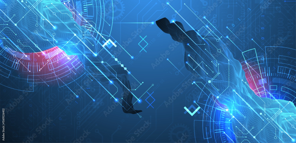 Poster Abstract data background with wireframe wave and circuit lines. Technology concept. Vector