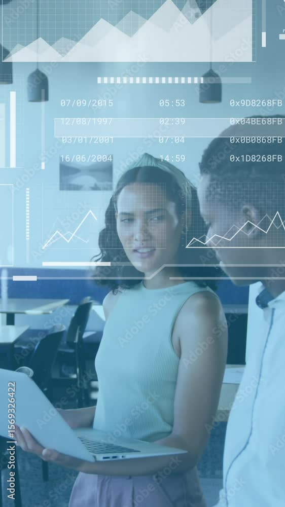 Poster animation of graphs, loading bars, circles and globe over diverse coworkers discussing reports