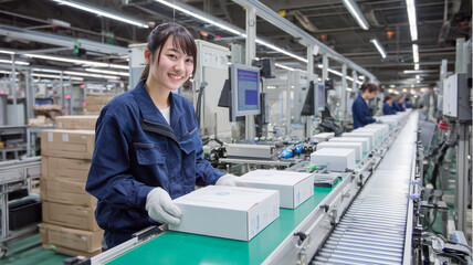 女性が製品を箱詰めする工場作業