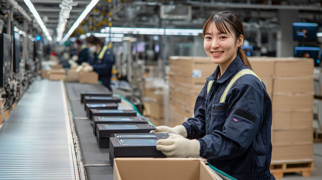 女性が製品を箱詰めする工場作業