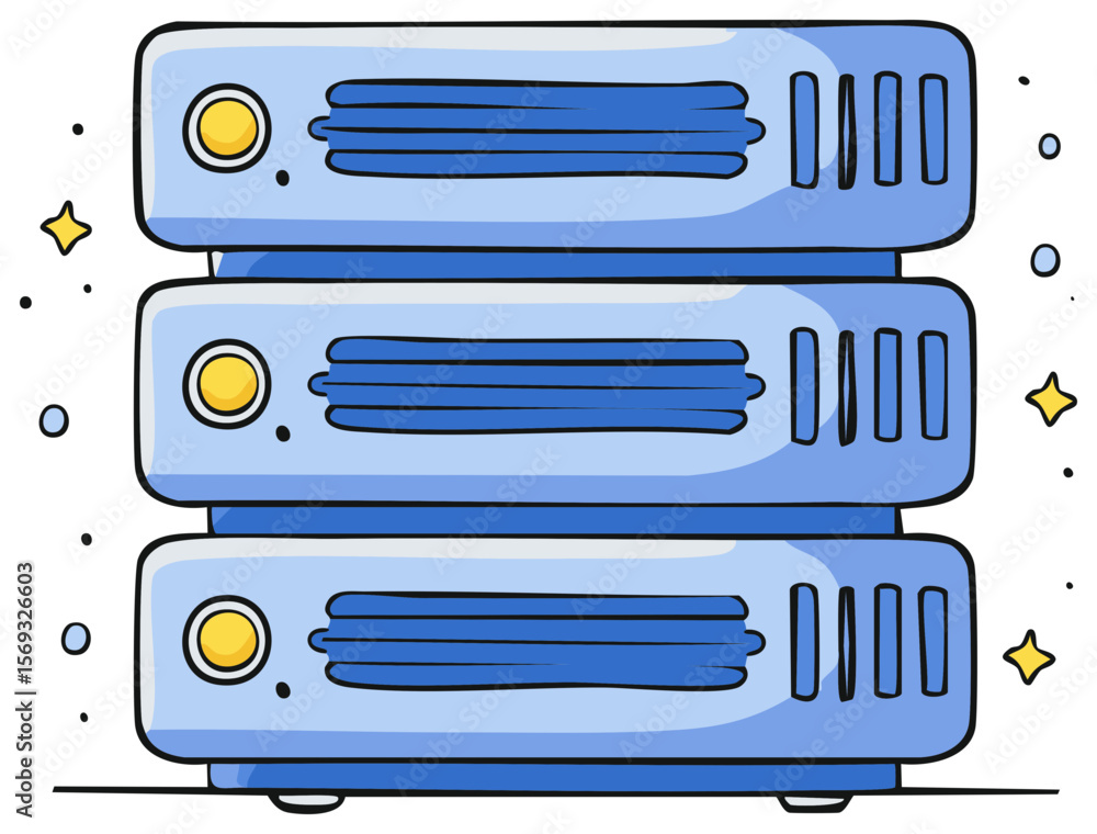 Poster stack of cartoon server racks with glowing lights against a black background illustrating technology