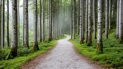 Obraz premium Serene woodland path winding through tall trees, enveloped in mist and greenery