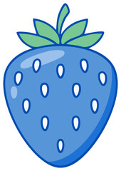 Obraz premium Blue Cartoonish Strawberry with White Seeds and Green Leaves Isolated on Black Background
