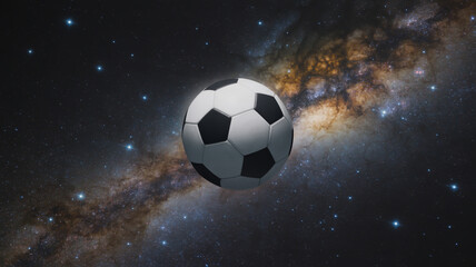 Naklejka premium A digital art composition of a traditional black and white soccer ball floating in space against the backdrop of the Milky Way galaxy.