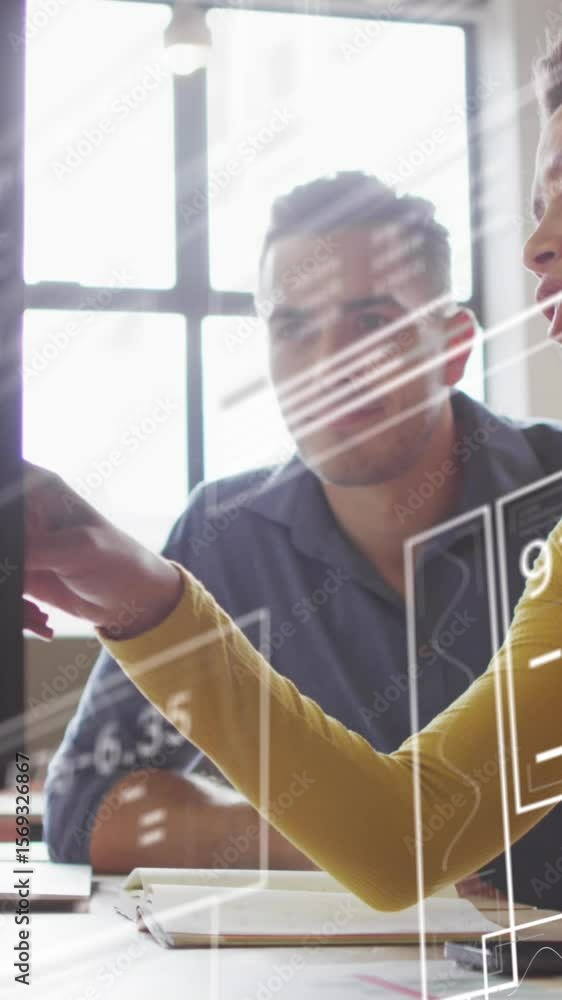 Poster animation of graphs, loading circles and changing numbers, diverse coworkers discussing reports