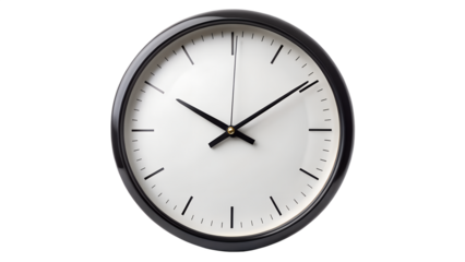 Modern Wall Clock with Black Frame at Ten Past Ten on transparent background